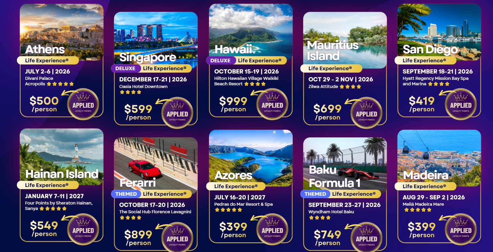 Selection of dated destination experience examples for 2026 and 2027