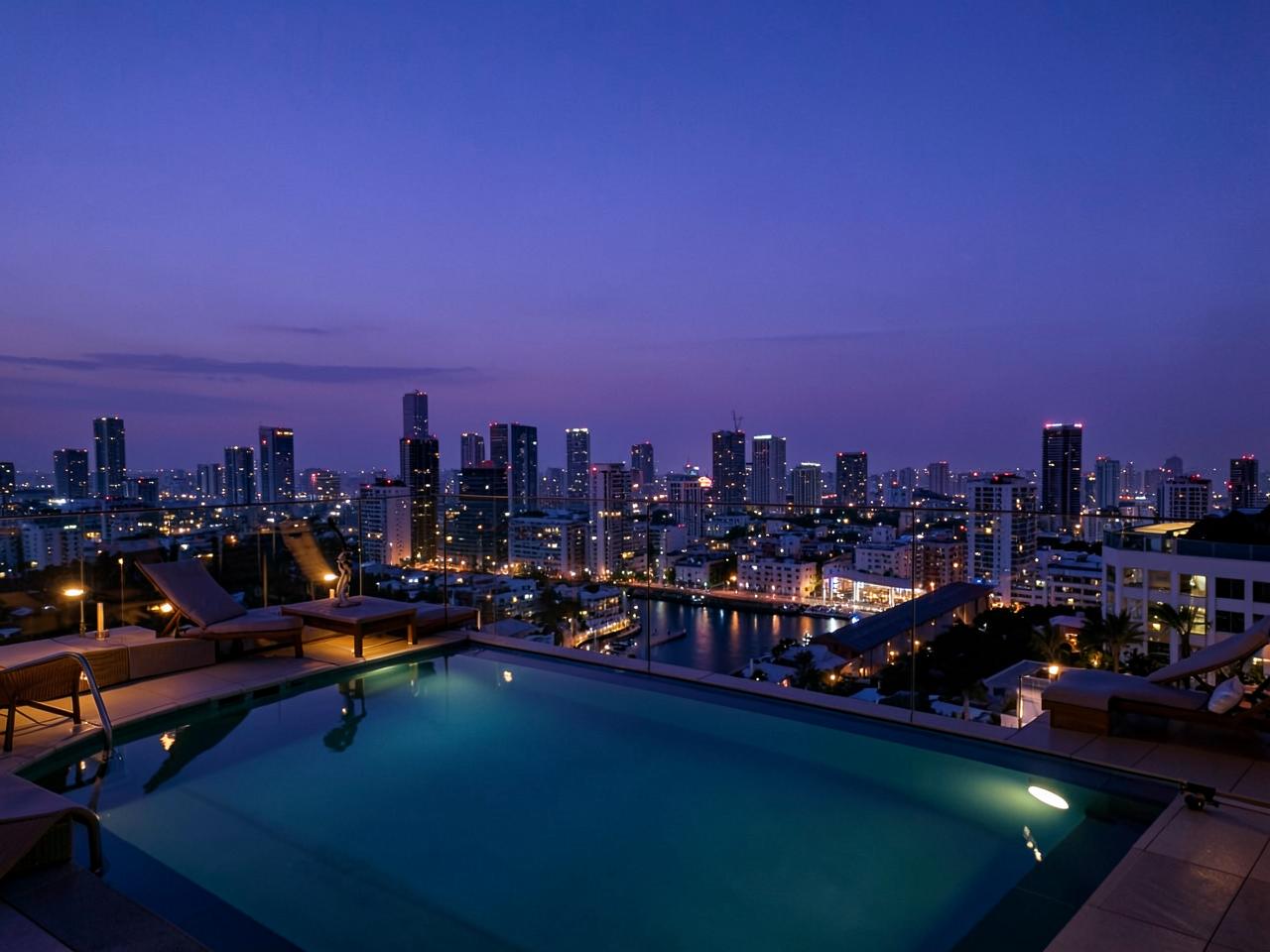 City skyline and rooftop pool at dusk